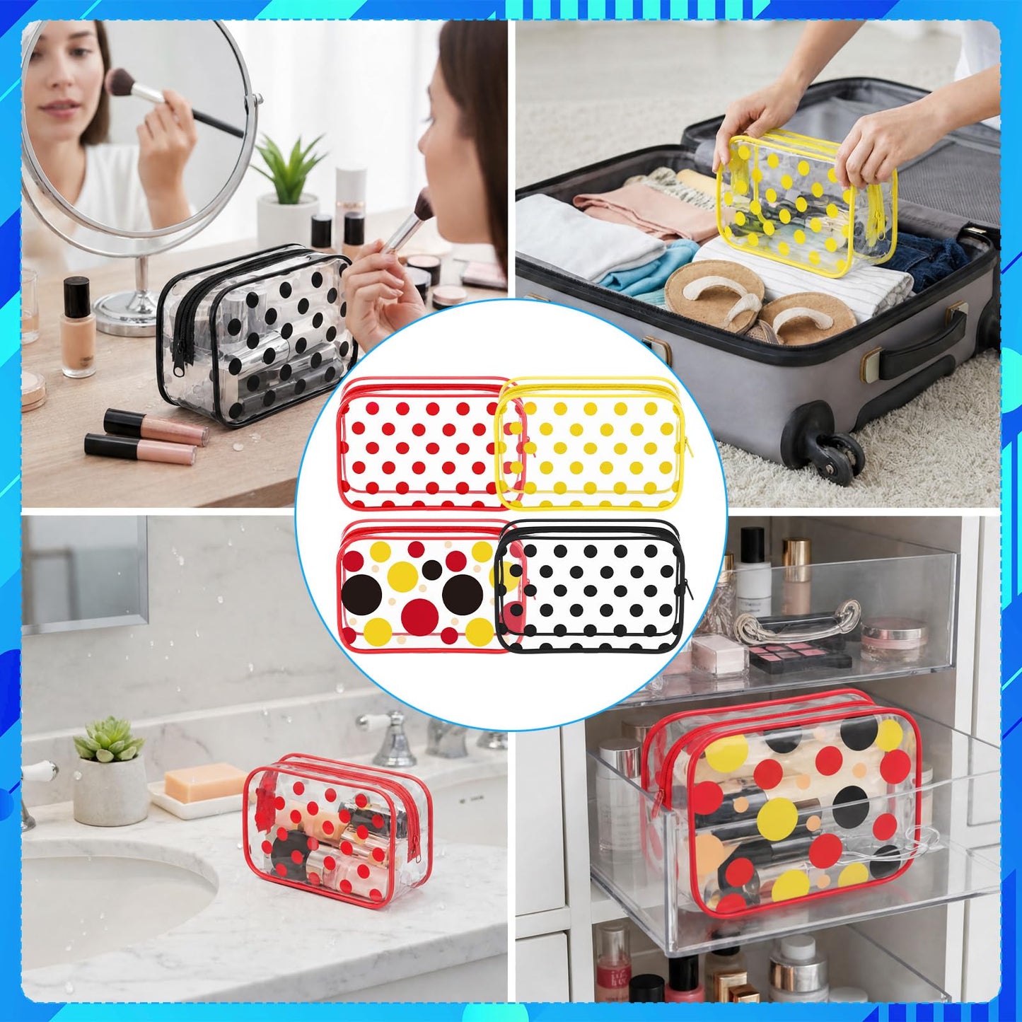Locmeo 12 Pcs Cartoon Mouse Makeup Bag Bulk Red Yellow White Black Polka Dots Cosmetic Bag PVC Clear Toiletry Zipper Pouch for Women Female Graduation Birthday Party Gifts Decorations Supplies