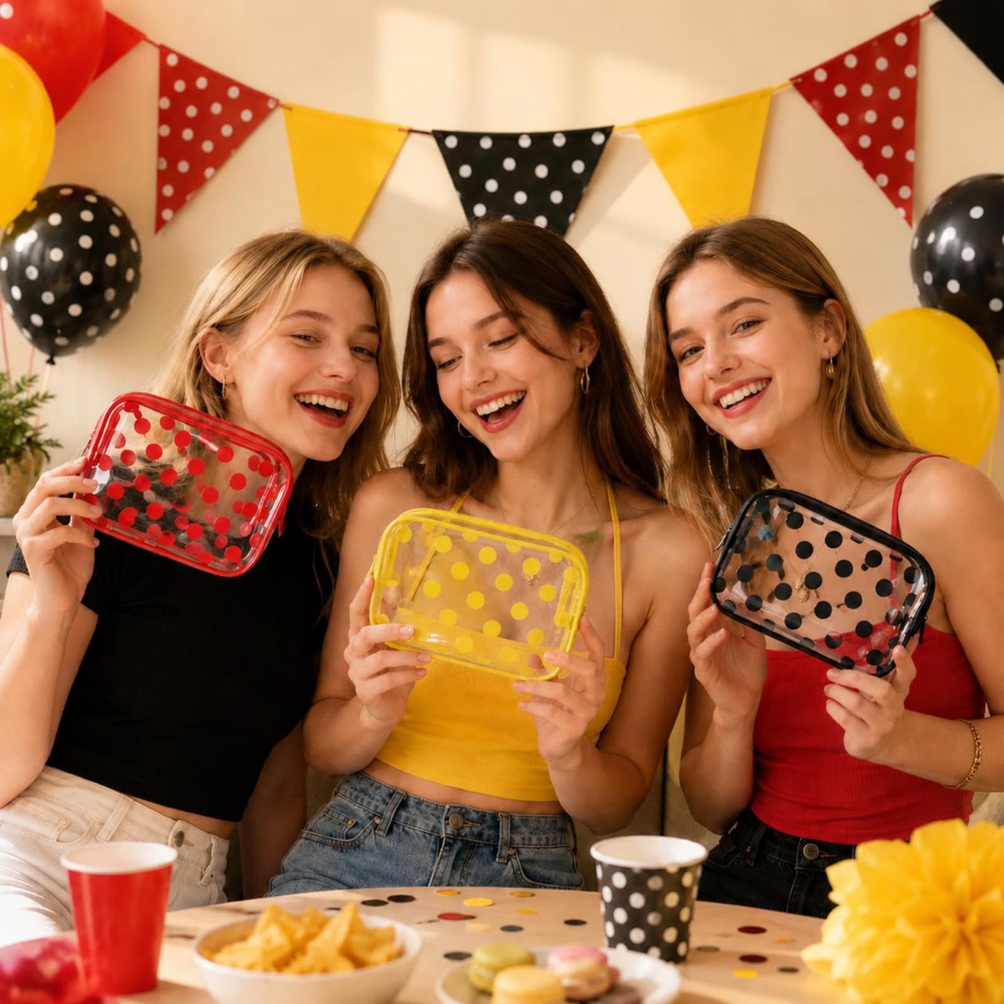 Locmeo 12 Pcs Cartoon Mouse Makeup Bag Bulk Red Yellow White Black Polka Dots Cosmetic Bag PVC Clear Toiletry Zipper Pouch for Women Female Graduation Birthday Party Gifts Decorations Supplies