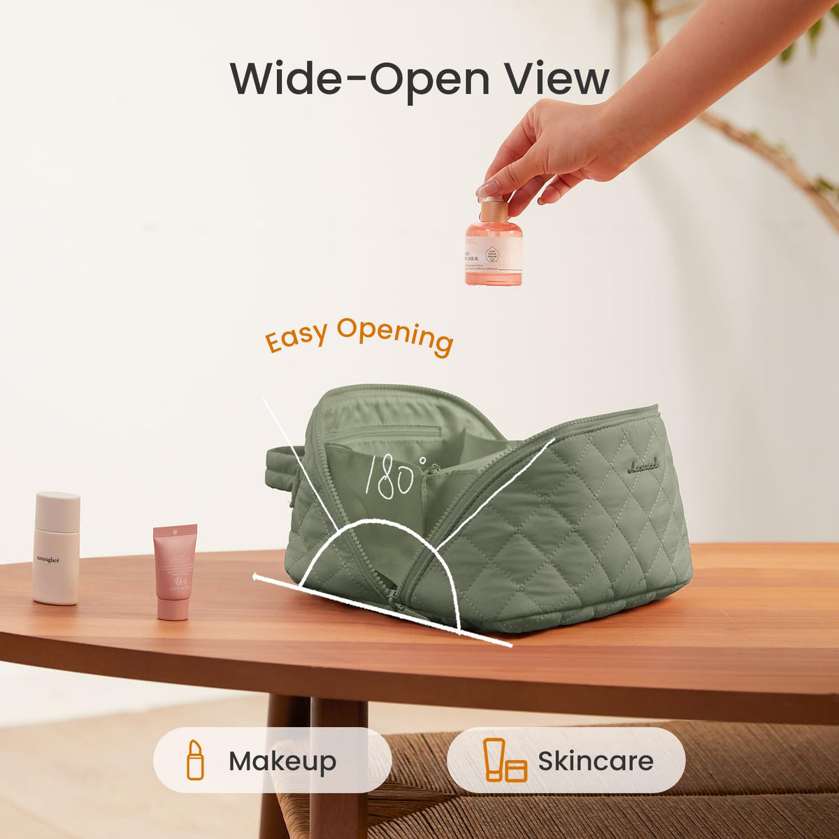 LOVEVOOK Travel Makeup Bag for Women, 2Pcs Puffer Waterproof Cosmetic Organizer, Large Capacity Pouch Open Flat Small Toiletry Bag with Brush Compartment & Handle (Green, Medium)