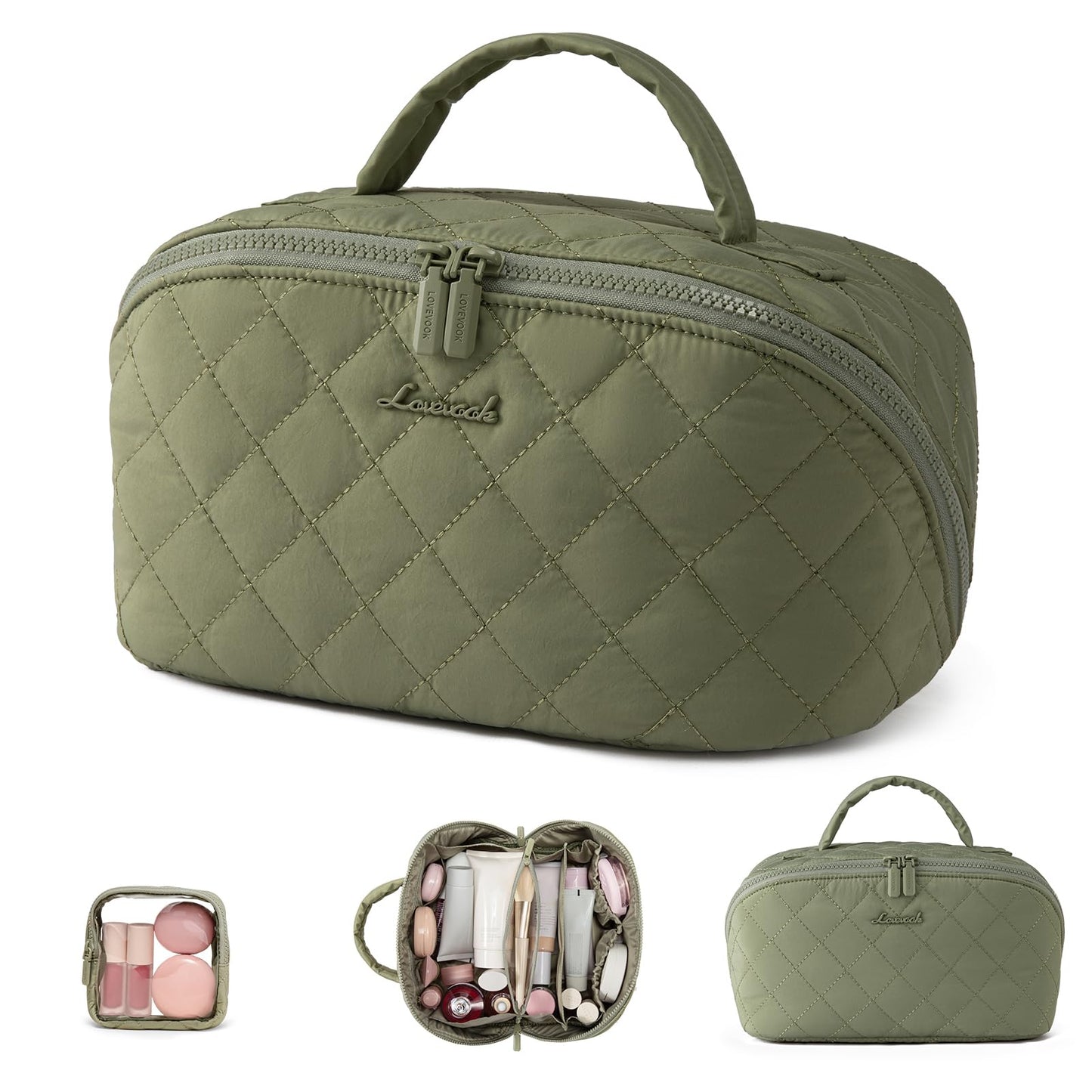 LOVEVOOK Travel Makeup Bag for Women, 2Pcs Puffer Waterproof Cosmetic Organizer, Large Capacity Pouch Open Flat Small Toiletry Bag with Brush Compartment & Handle (Green, Medium)