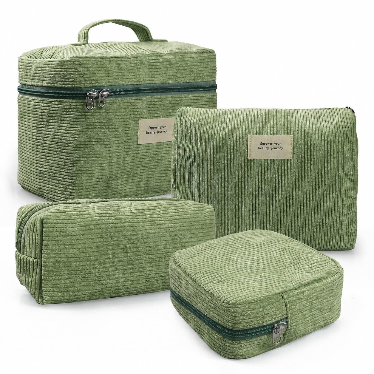 LVWNM 4Pcs Makeup Bag Set for Women Corduroy Cosmetic Bag (09-LightGreen)