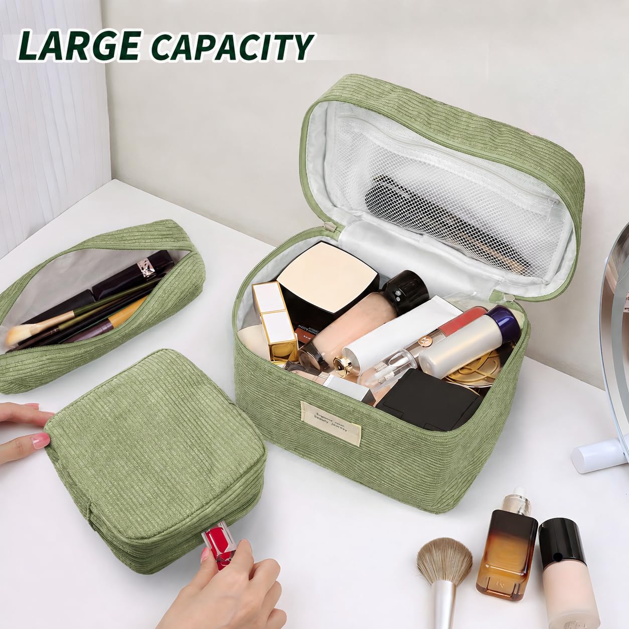 LVWNM 4Pcs Makeup Bag Set for Women Corduroy Cosmetic Bag (09-LightGreen)