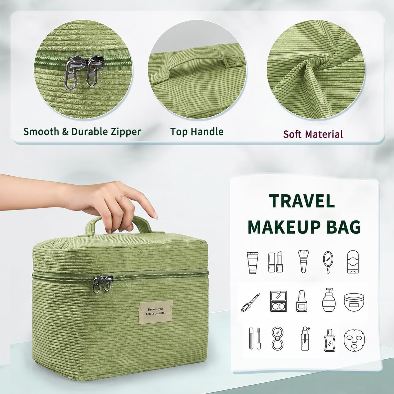 LVWNM 4Pcs Makeup Bag Set for Women Corduroy Cosmetic Bag (09-LightGreen)