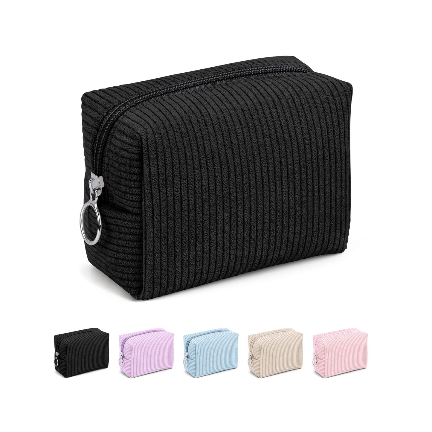 MAGEFY Corduroy Makeup Bag - Small Travel Cosmetic Pouch for Women, Portable Mini Zipper Purse with Everyday Essentials for Office, or Trip (Black)