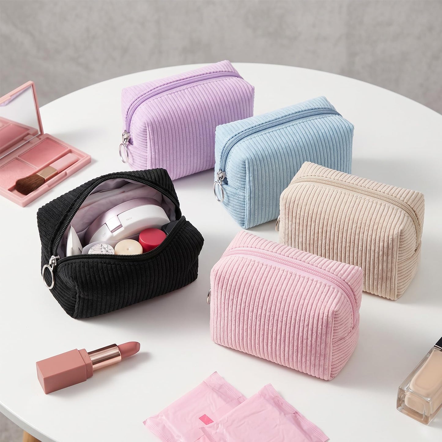 MAGEFY Corduroy Makeup Bag - Small Travel Cosmetic Pouch for Women, Portable Mini Zipper Purse with Everyday Essentials for Office, or Trip (Black)