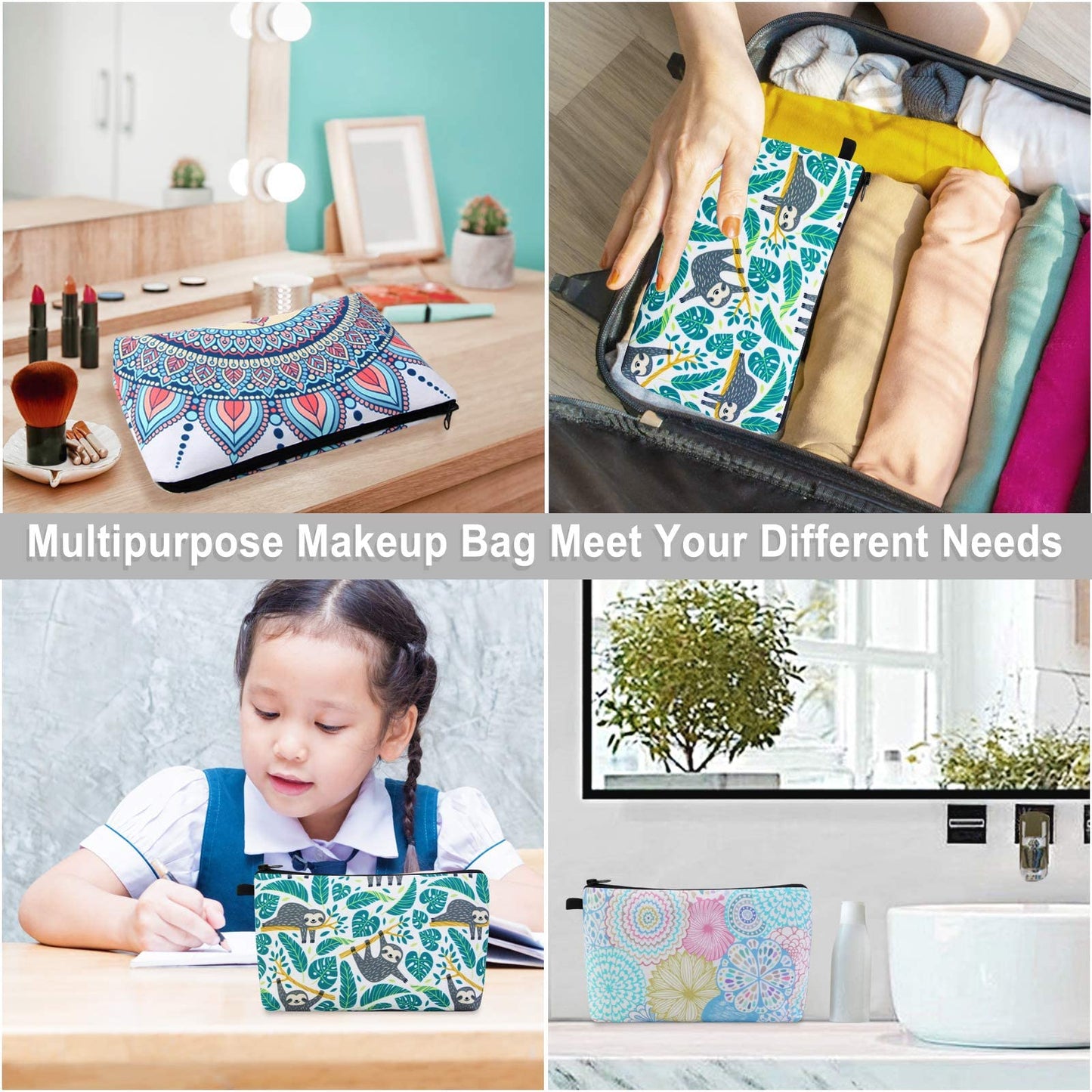 MAGEFY Makeup Bag 3 Styles Portable Travel Cosmetic Bag for Women Flower Patterns Small Toiletry Bag Sloth Gifts for Women Makeup Pouch with Black Zipper Pouch (3 packs)