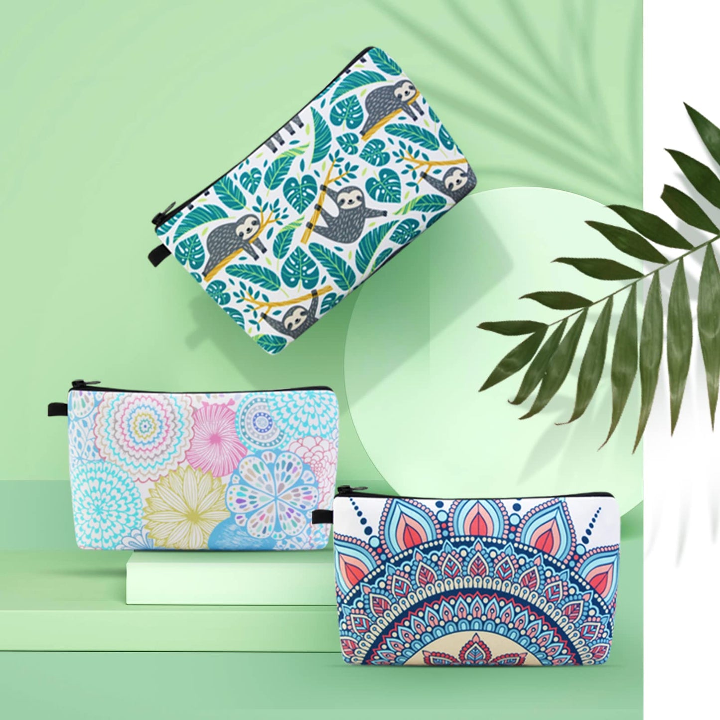 MAGEFY Makeup Bag 3 Styles Portable Travel Cosmetic Bag for Women Flower Patterns Small Toiletry Bag Sloth Gifts for Women Makeup Pouch with Black Zipper Pouch (3 packs)