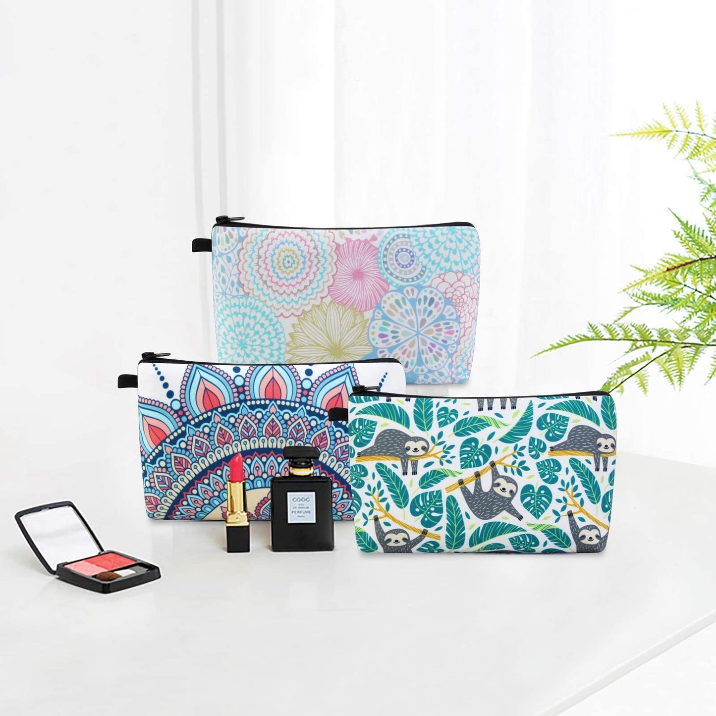 MAGEFY Makeup Bag 3 Styles Portable Travel Cosmetic Bag for Women Flower Patterns Small Toiletry Bag Sloth Gifts for Women Makeup Pouch with Black Zipper Pouch (3 packs)