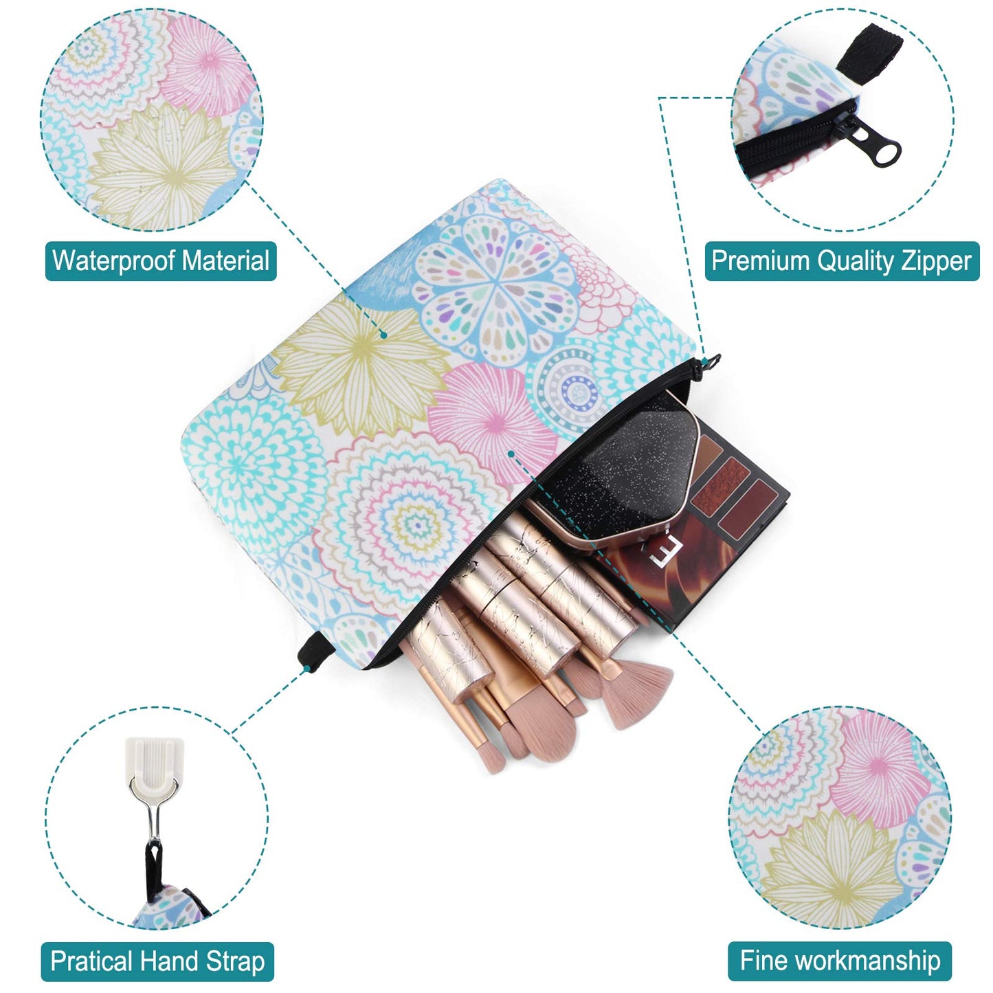 MAGEFY Makeup Bag 3 Styles Portable Travel Cosmetic Bag for Women Flower Patterns Small Toiletry Bag Sloth Gifts for Women Makeup Pouch with Black Zipper Pouch (3 packs)