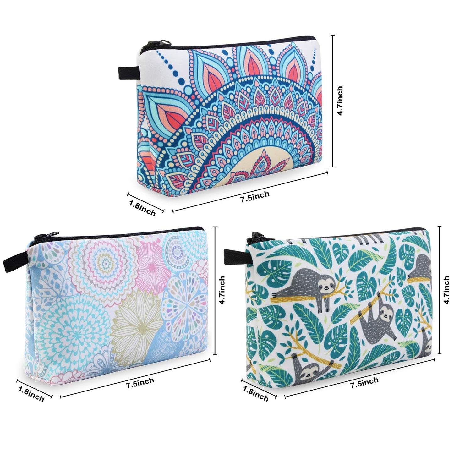MAGEFY Makeup Bag 3 Styles Portable Travel Cosmetic Bag for Women Flower Patterns Small Toiletry Bag Sloth Gifts for Women Makeup Pouch with Black Zipper Pouch (3 packs)