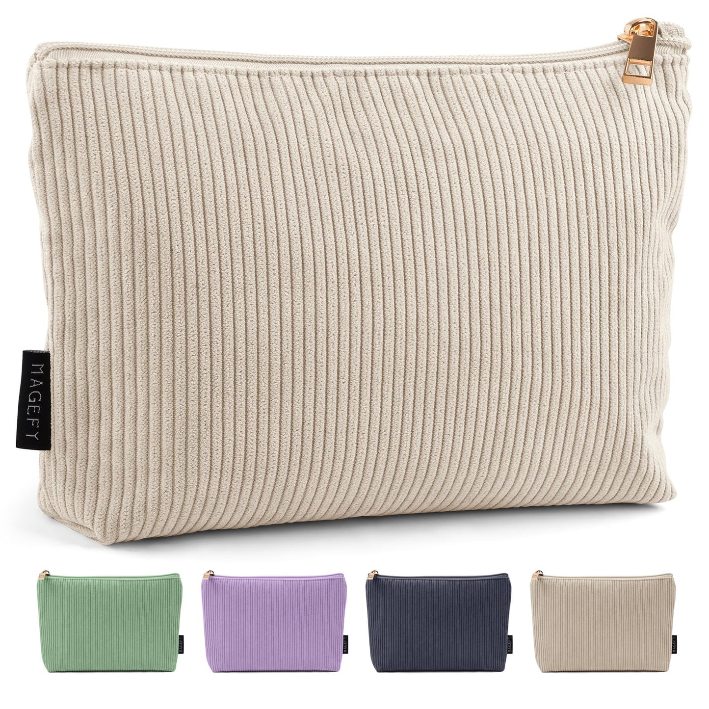 MAGEFY Small Makeup Bag for Purse Corduroy Makeup Bag with Inner Zipper Pockets Travel Cosmetic Bag for Women Preppy Stuff Aesthetic Gifts Back to School Supplies, Beige