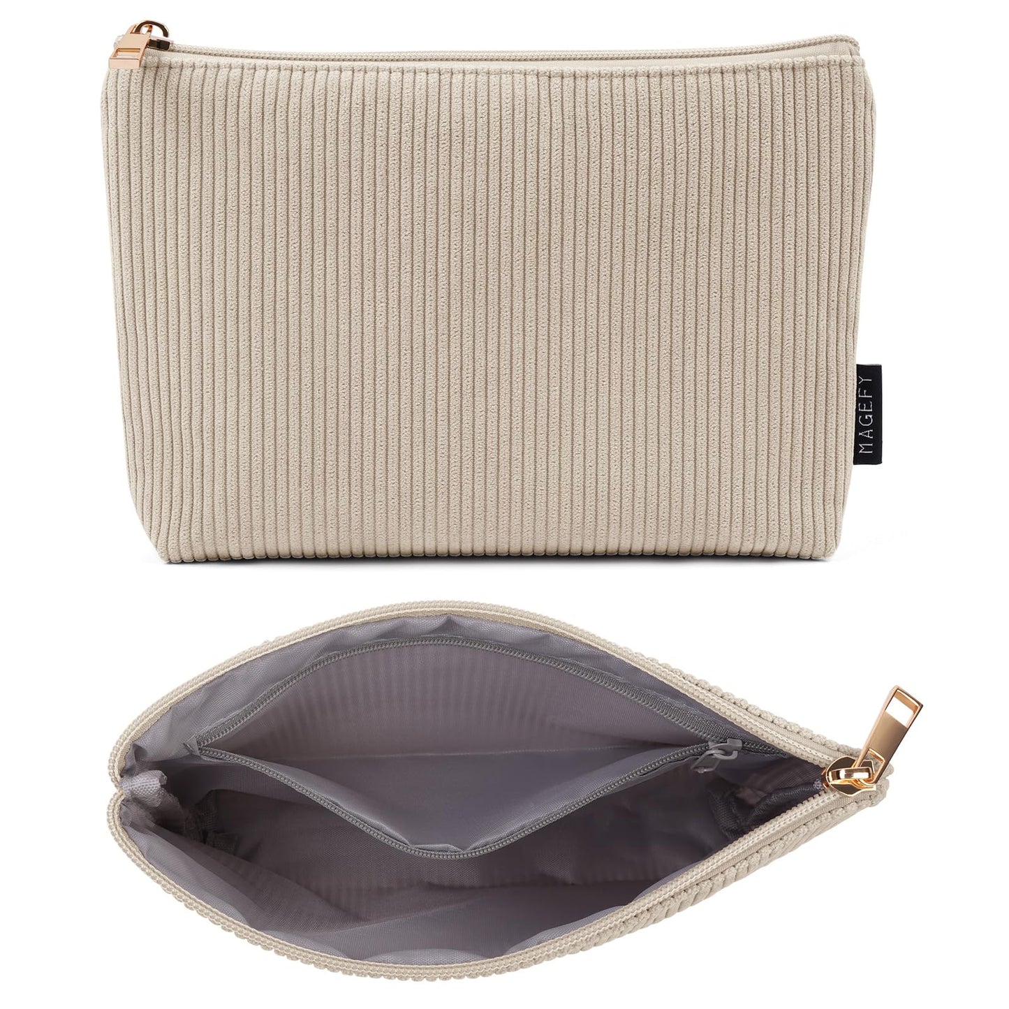 MAGEFY Small Makeup Bag for Purse Corduroy Makeup Bag with Inner Zipper Pockets Travel Cosmetic Bag for Women Preppy Stuff Aesthetic Gifts Back to School Supplies, Beige