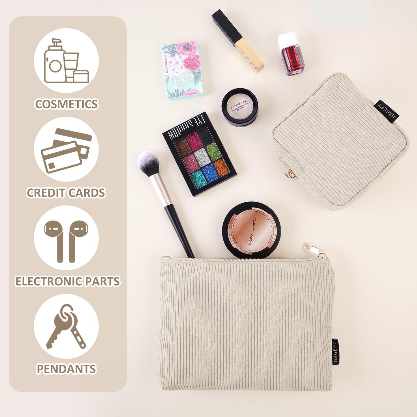 MAGEFY Small Makeup Bag for Purse Corduroy Makeup Bag with Inner Zipper Pockets Travel Cosmetic Bag for Women Preppy Stuff Aesthetic Gifts Back to School Supplies, Beige