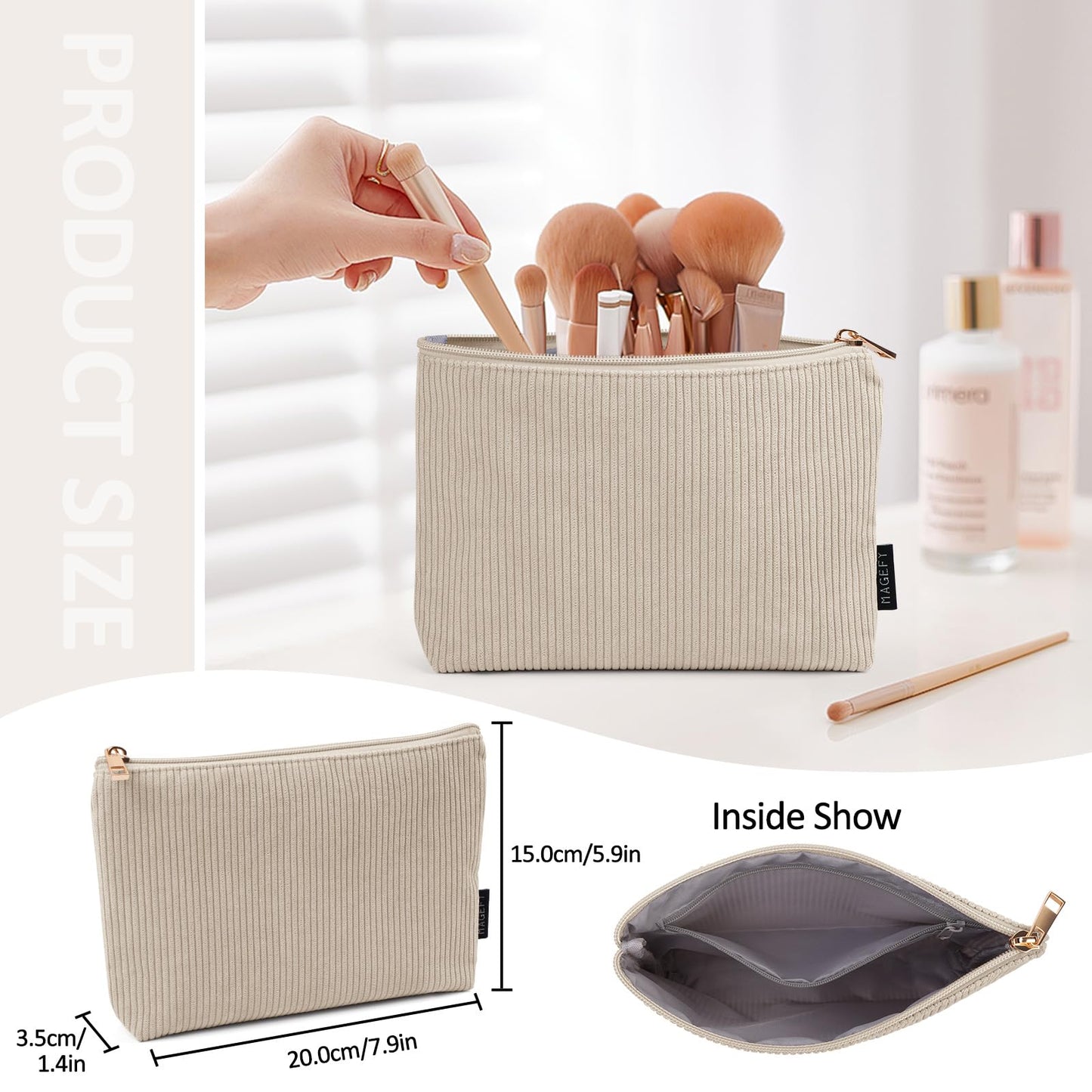 MAGEFY Small Makeup Bag for Purse Corduroy Makeup Bag with Inner Zipper Pockets Travel Cosmetic Bag for Women Preppy Stuff Aesthetic Gifts Back to School Supplies, Beige