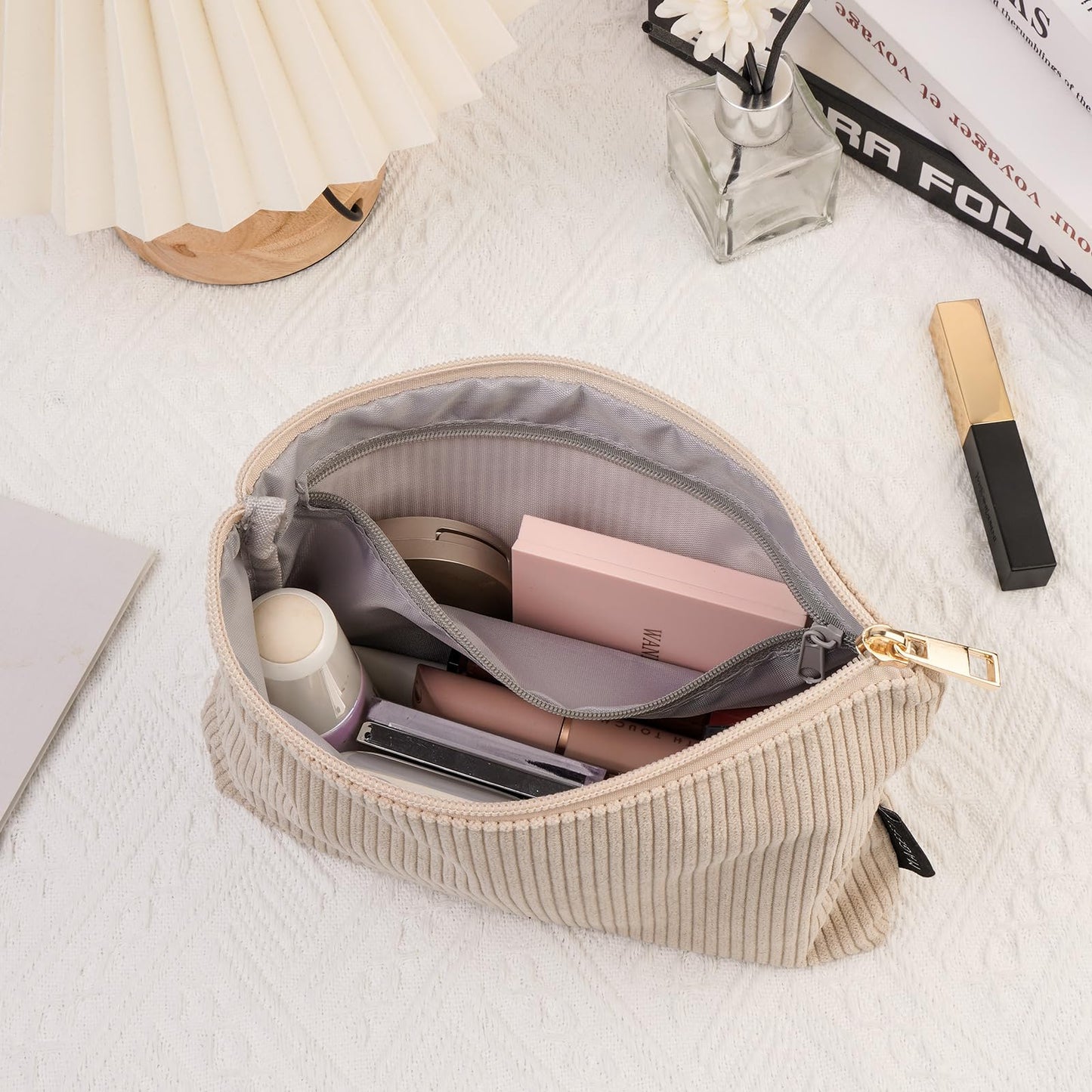 MAGEFY Small Makeup Bag for Purse Corduroy Makeup Bag with Inner Zipper Pockets Travel Cosmetic Bag for Women Preppy Stuff Aesthetic Gifts Back to School Supplies, Beige