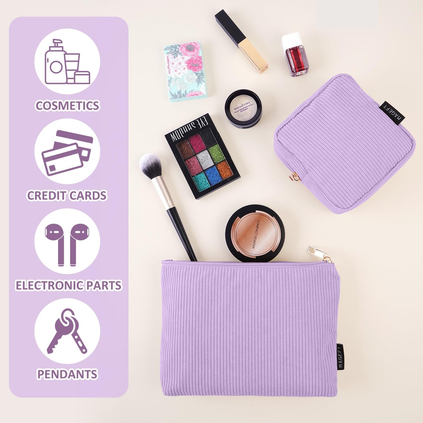 MAGEFY Small Makeup Bag for Purse Corduroy Makeup Bag with Inner Zipper Pockets Travel Cosmetic Bag for Women Preppy Stuff, Purple