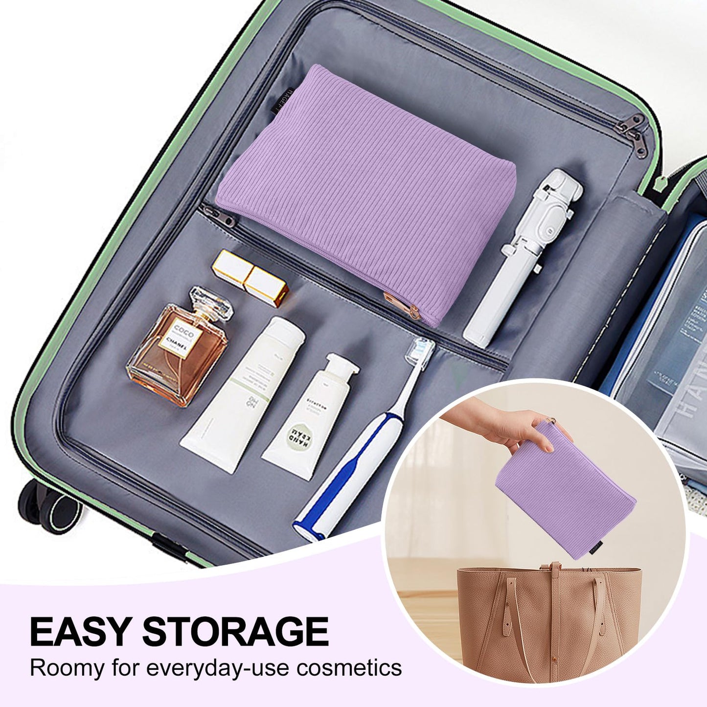 MAGEFY Small Makeup Bag for Purse Corduroy Makeup Bag with Inner Zipper Pockets Travel Cosmetic Bag for Women Preppy Stuff, Purple