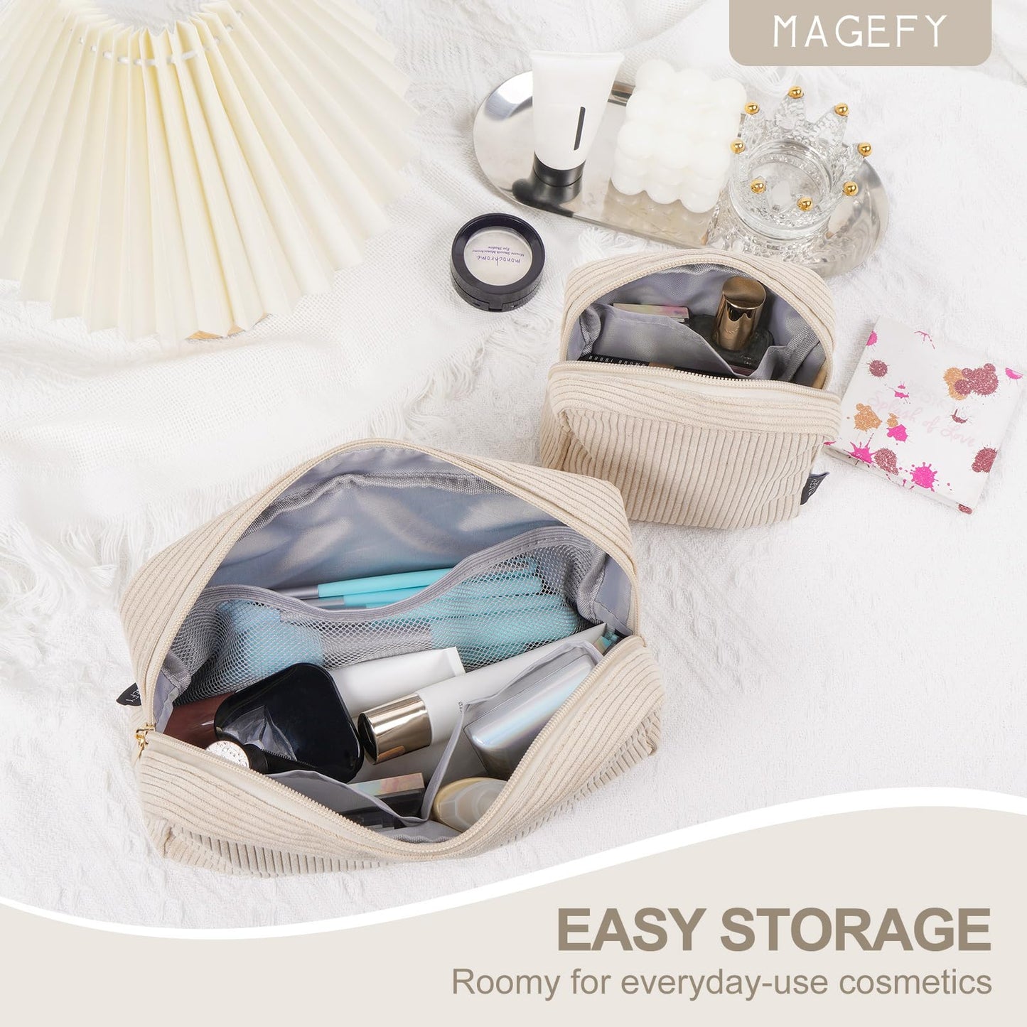 MAGEFY Small Makeup Bag for Purse Mini Cosmetics Bag Corduroy Cute Cosmetic Pouch for Women with Slip-in Pockets (Beige)