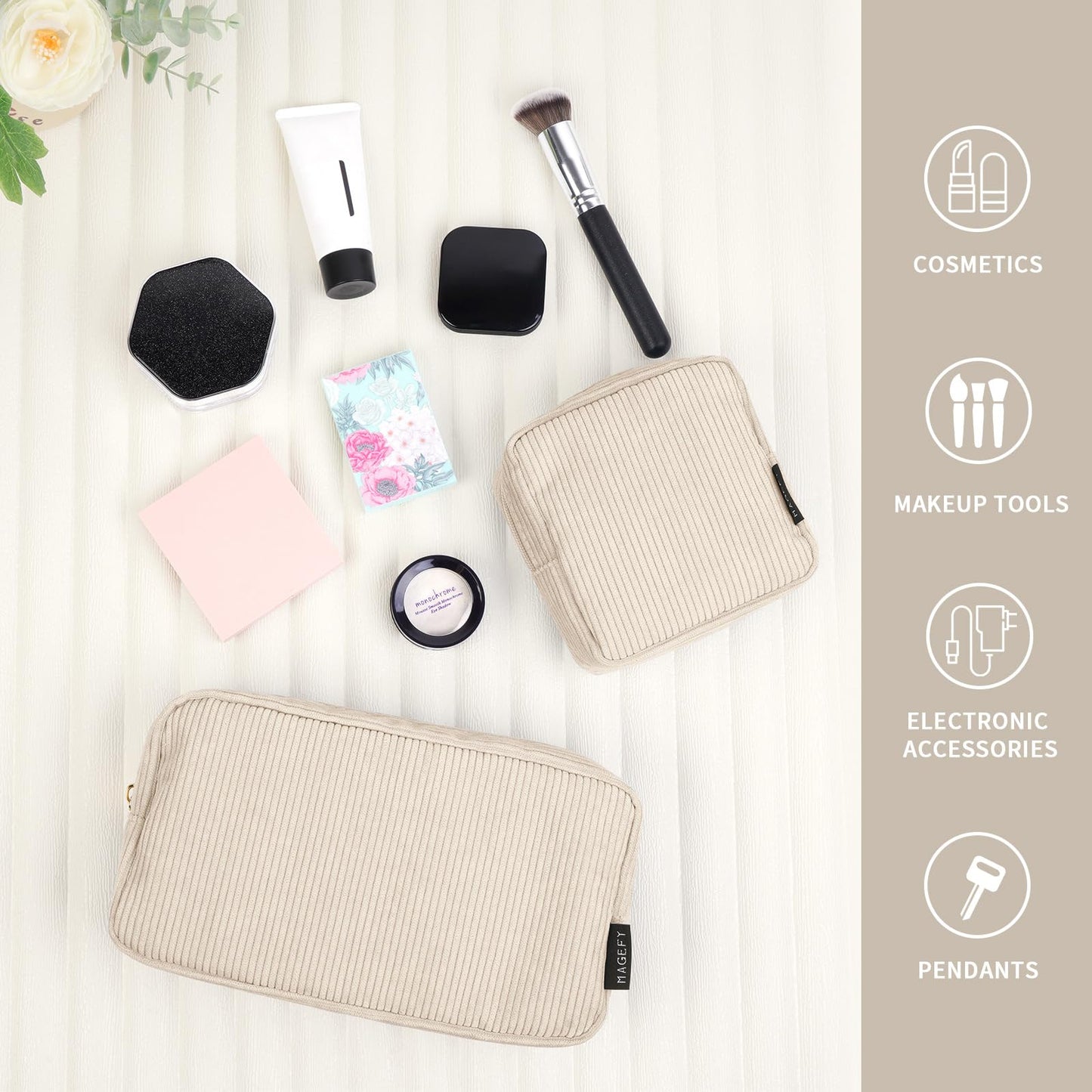 MAGEFY Small Makeup Bag for Purse Mini Cosmetics Bag Corduroy Cute Cosmetic Pouch for Women with Slip-in Pockets (Beige)