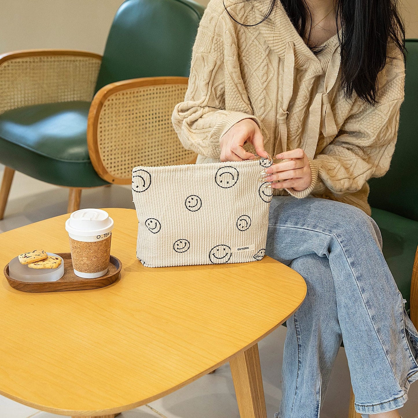 Makeup Bag For Women - Corduroy Cosmetic Bags Aesthetic Design Ladies Tote pouch Women's Pencil Case,Cute Smiley Face Makeup Organizer with Zipper (Beige)