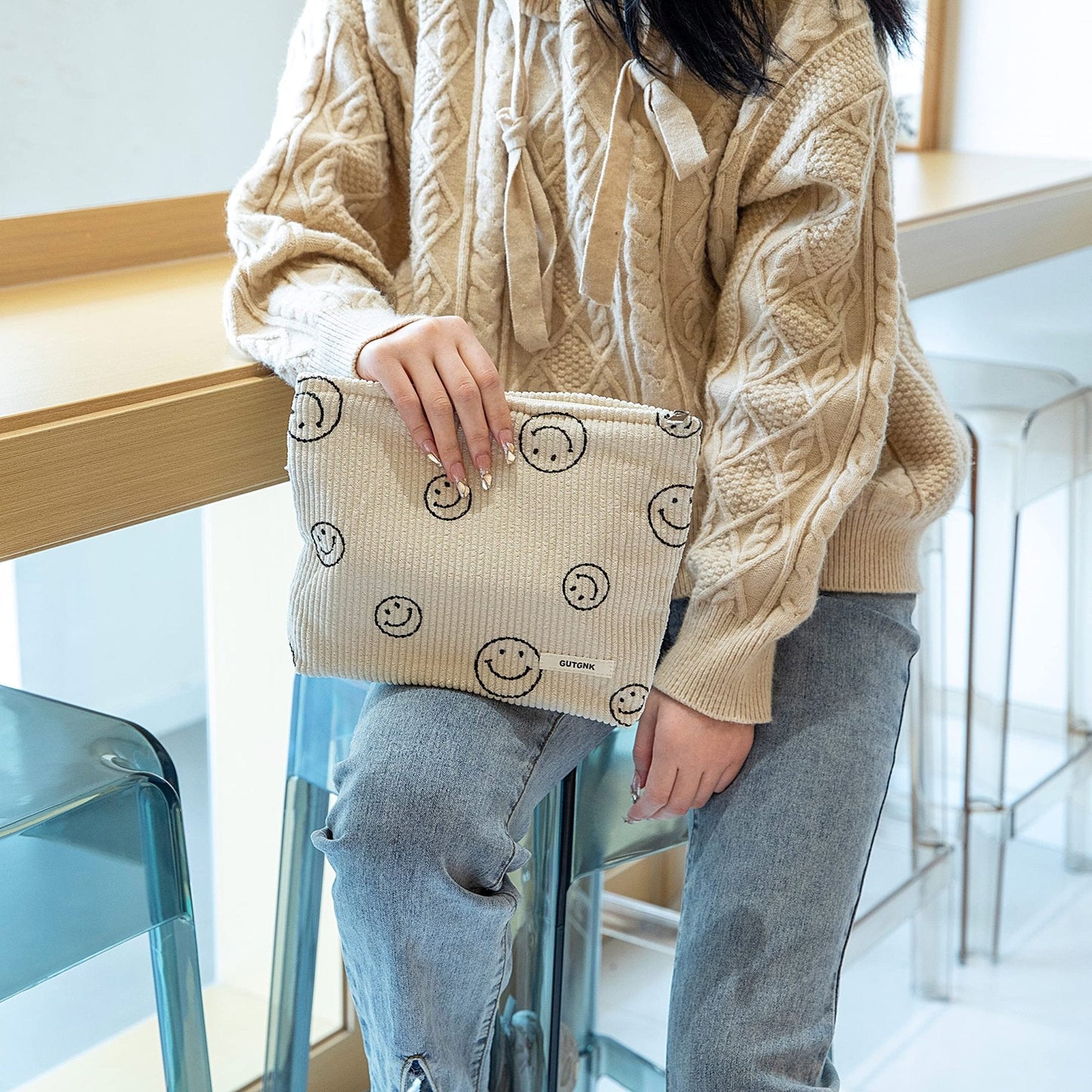 Makeup Bag For Women - Corduroy Cosmetic Bags Aesthetic Design Ladies Tote pouch Women's Pencil Case,Cute Smiley Face Makeup Organizer with Zipper (Beige)