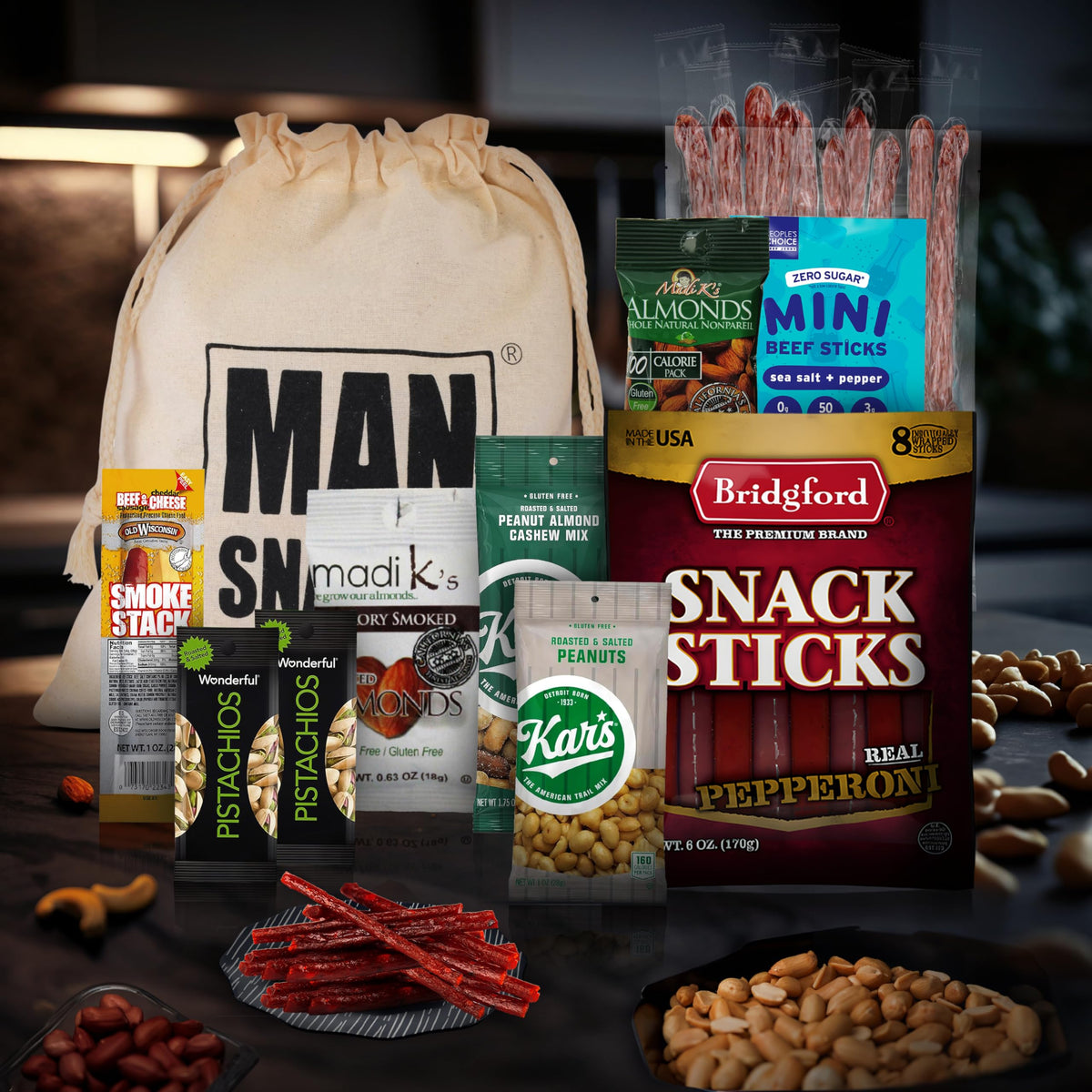 ManSnacks Deluxe Jerky & Nuts Gift Basket for Men – 28 Pieces