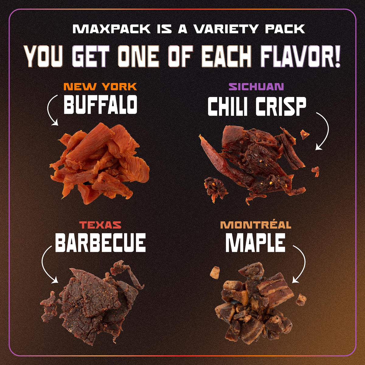 MaxJerky Jerky Variety Pack – Maple Bacon Burnt Ends, Texas BBQ Beef, NY Buffalo Chicken, Sichuan Chili Crisp Chicken