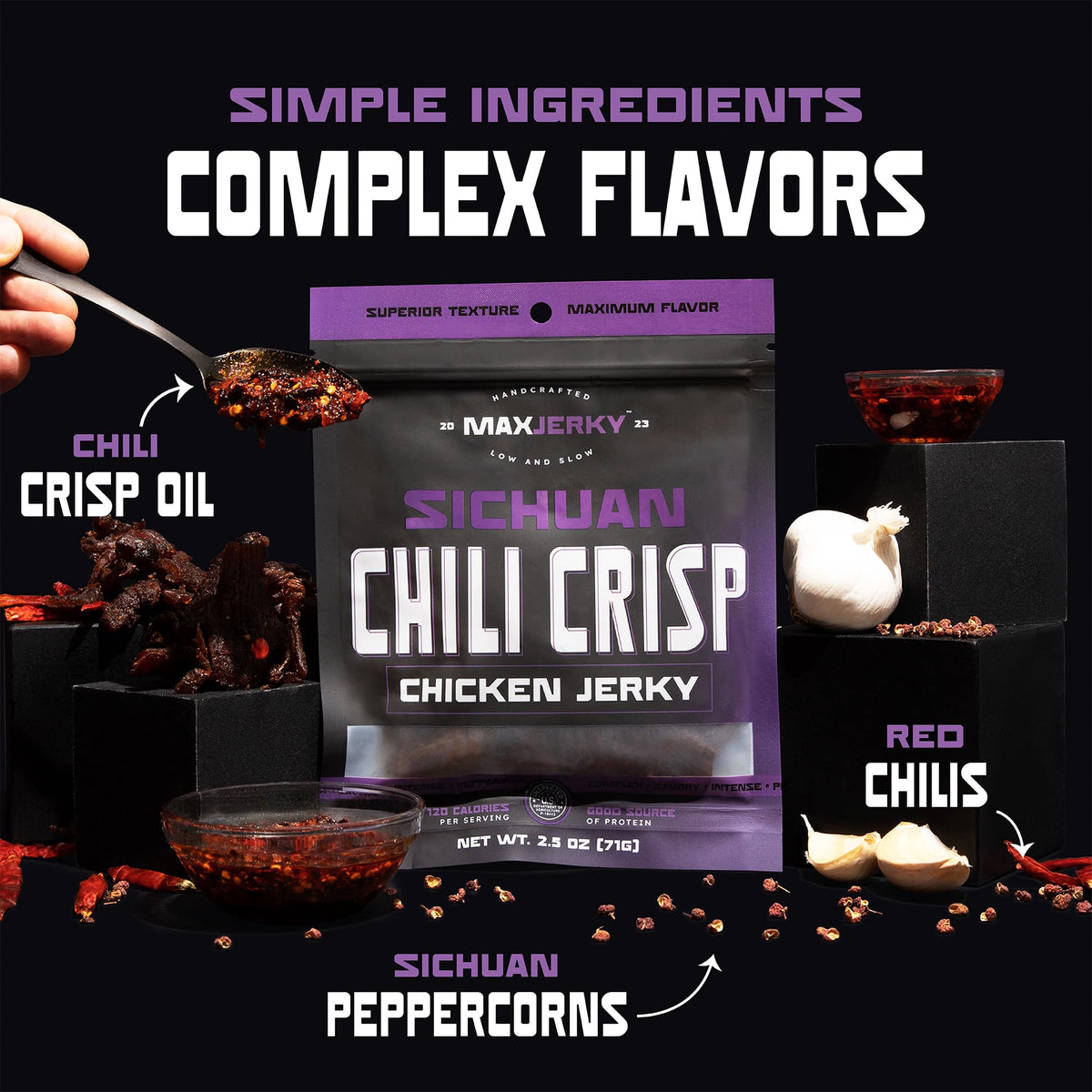 MaxJerky Jerky Variety Pack – Maple Bacon Burnt Ends, Texas BBQ Beef, NY Buffalo Chicken, Sichuan Chili Crisp Chicken