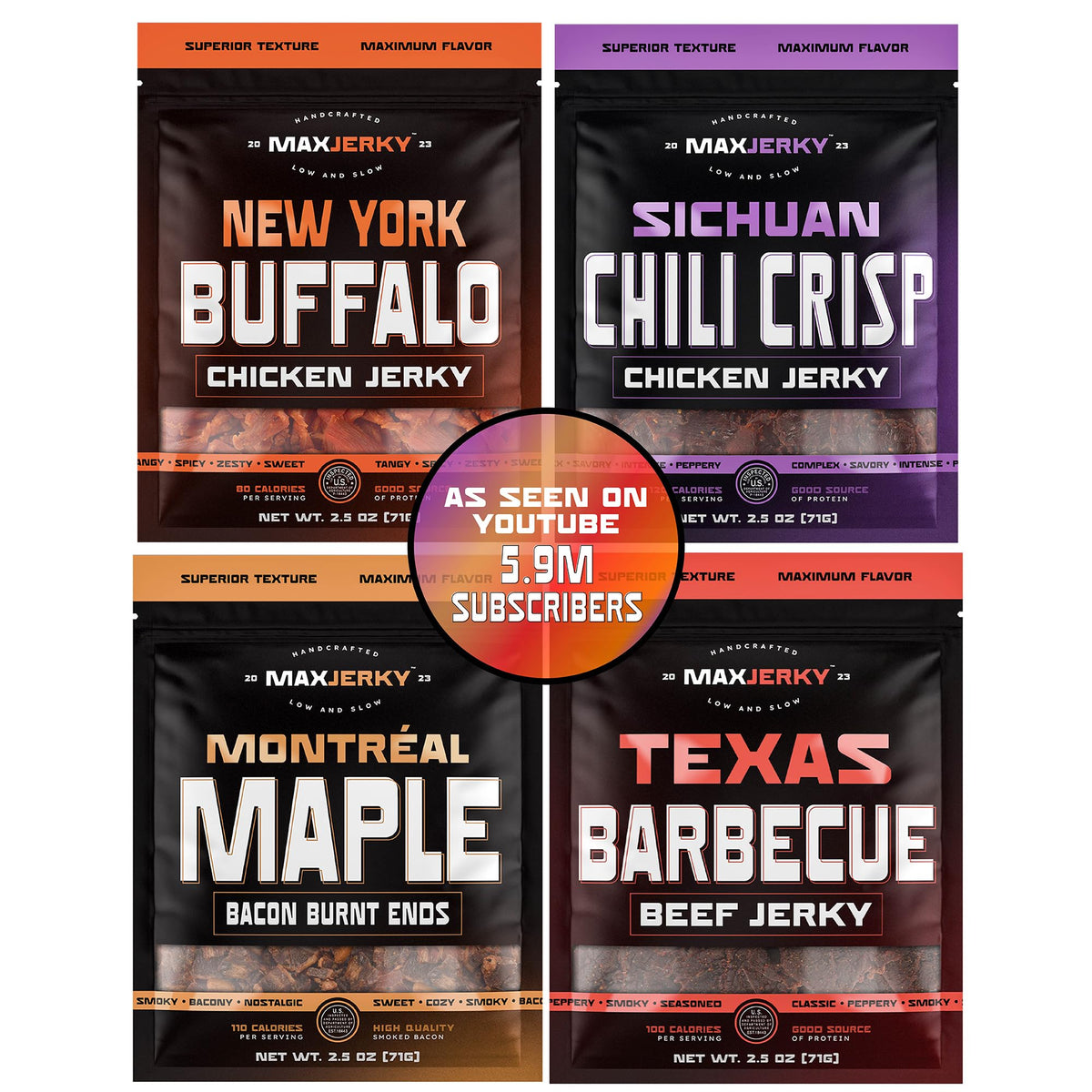MaxJerky Jerky Variety Pack – Maple Bacon Burnt Ends, Texas BBQ Beef, NY Buffalo Chicken, Sichuan Chili Crisp Chicken