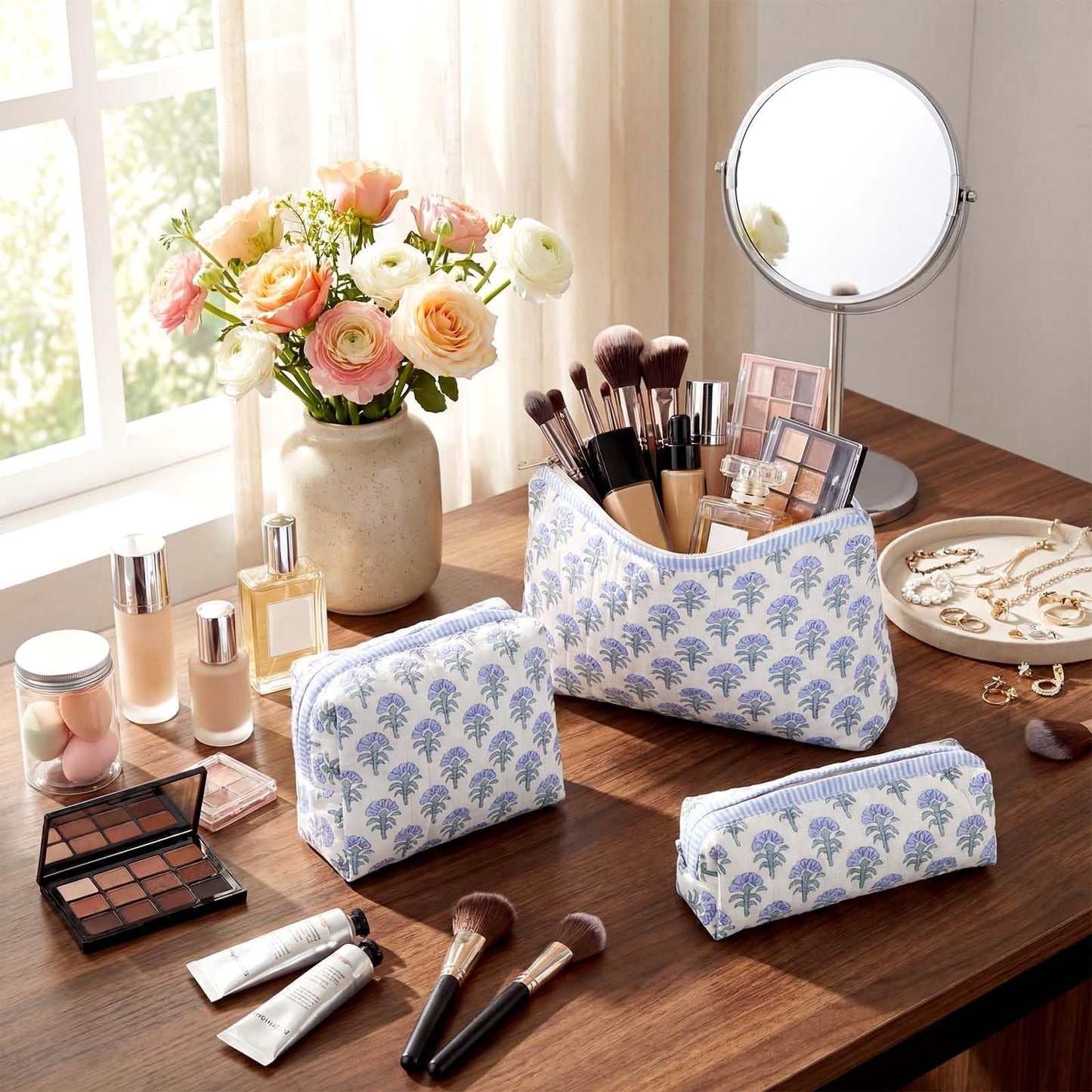 Meanplan 3 Pcs Blue Block Print Quilted Makeup Bag for Women Last Toast on The Coast Quilted Cosmetic Bag Bachelorette Favors Cornflower Coquette Floral Toiletry Pouch Travel Organizer