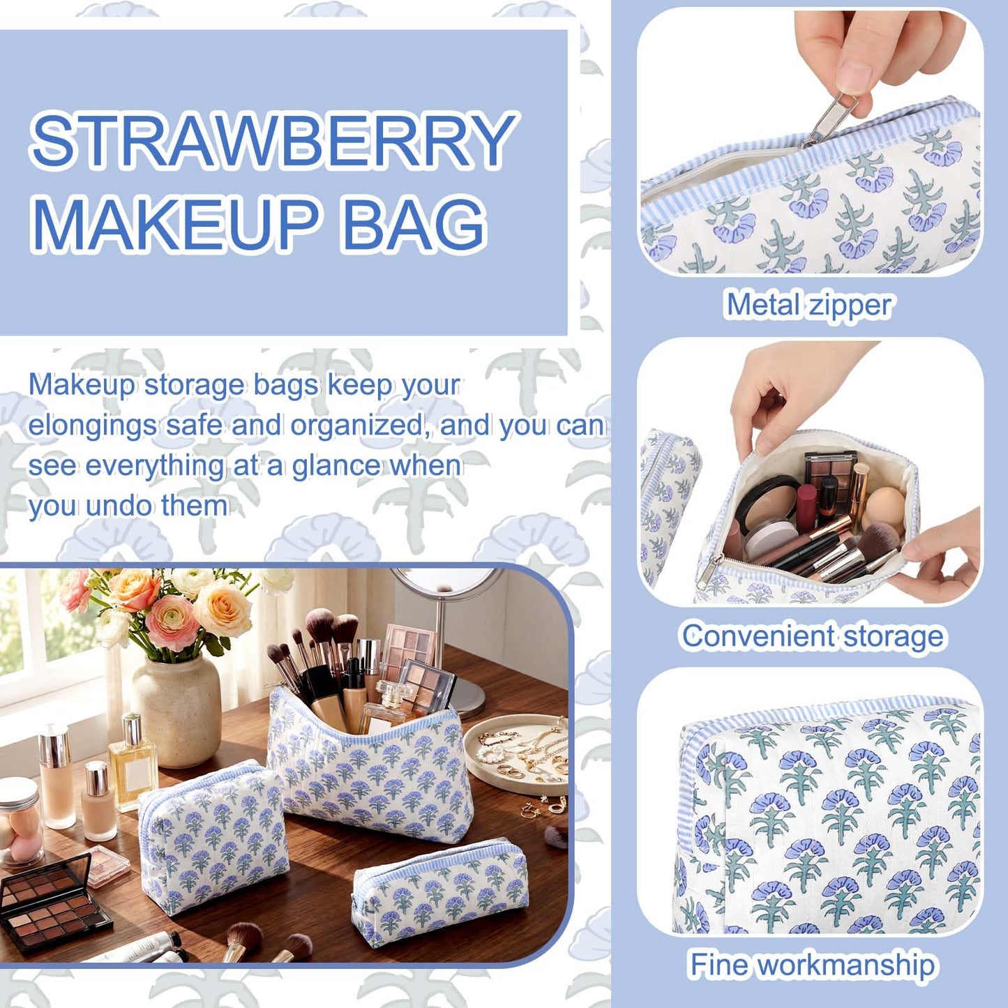 Meanplan 3 Pcs Blue Block Print Quilted Makeup Bag for Women Last Toast on The Coast Quilted Cosmetic Bag Bachelorette Favors Cornflower Coquette Floral Toiletry Pouch Travel Organizer