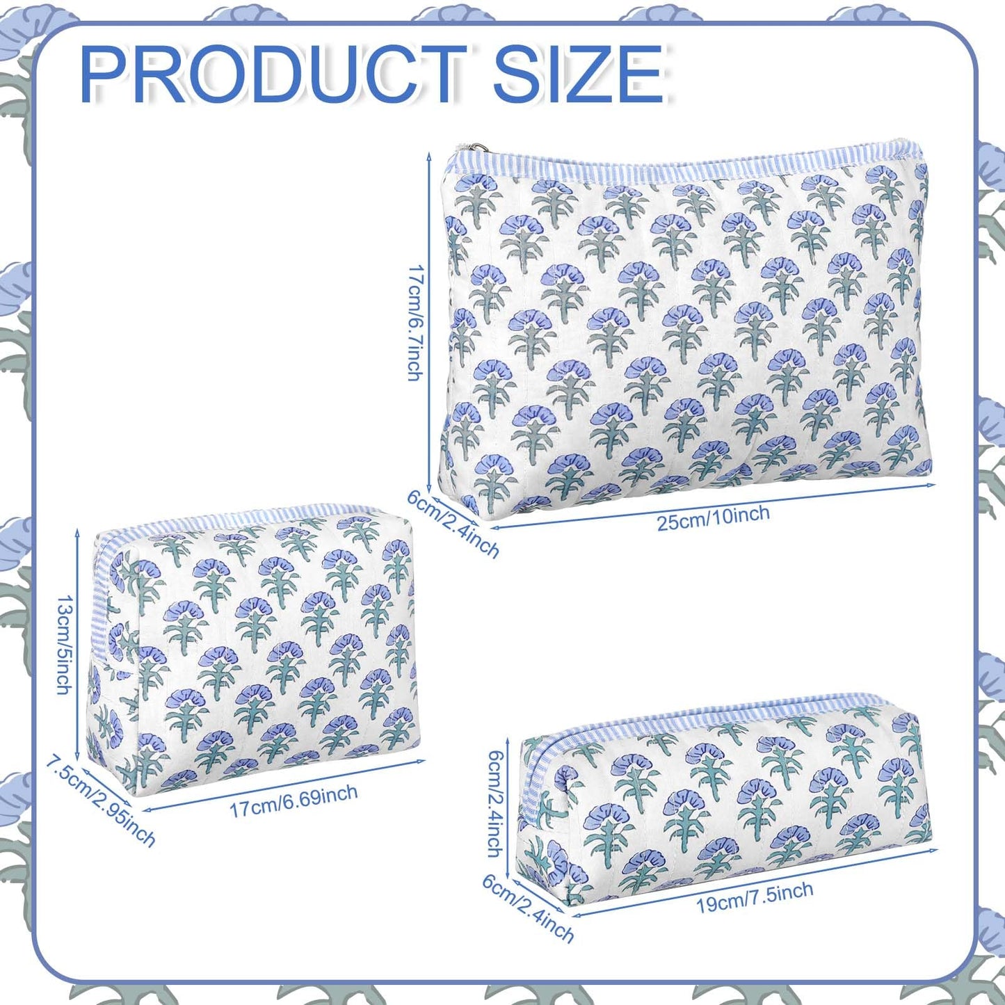 Meanplan 3 Pcs Blue Block Print Quilted Makeup Bag for Women Last Toast on The Coast Quilted Cosmetic Bag Bachelorette Favors Cornflower Coquette Floral Toiletry Pouch Travel Organizer