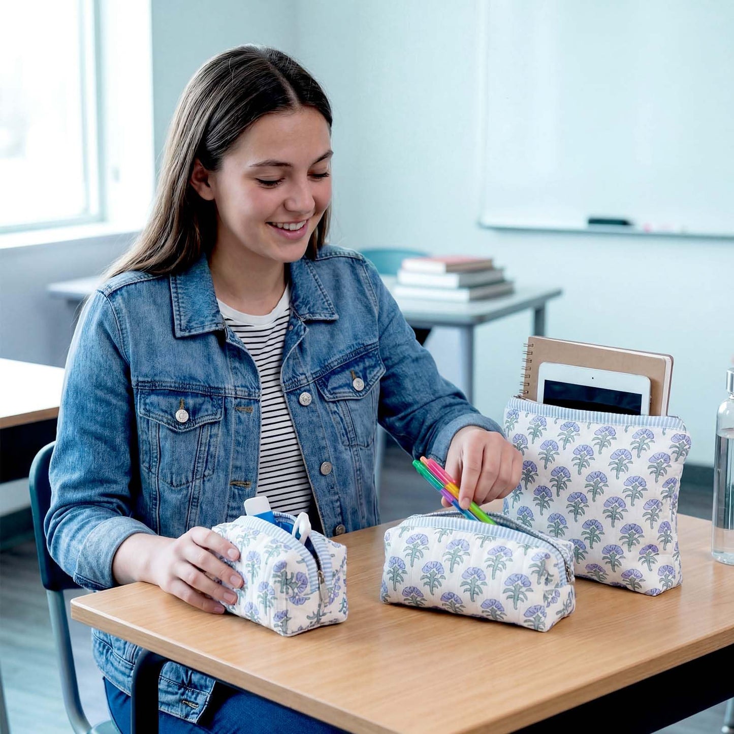 Meanplan 3 Pcs Blue Block Print Quilted Makeup Bag for Women Last Toast on The Coast Quilted Cosmetic Bag Bachelorette Favors Cornflower Coquette Floral Toiletry Pouch Travel Organizer