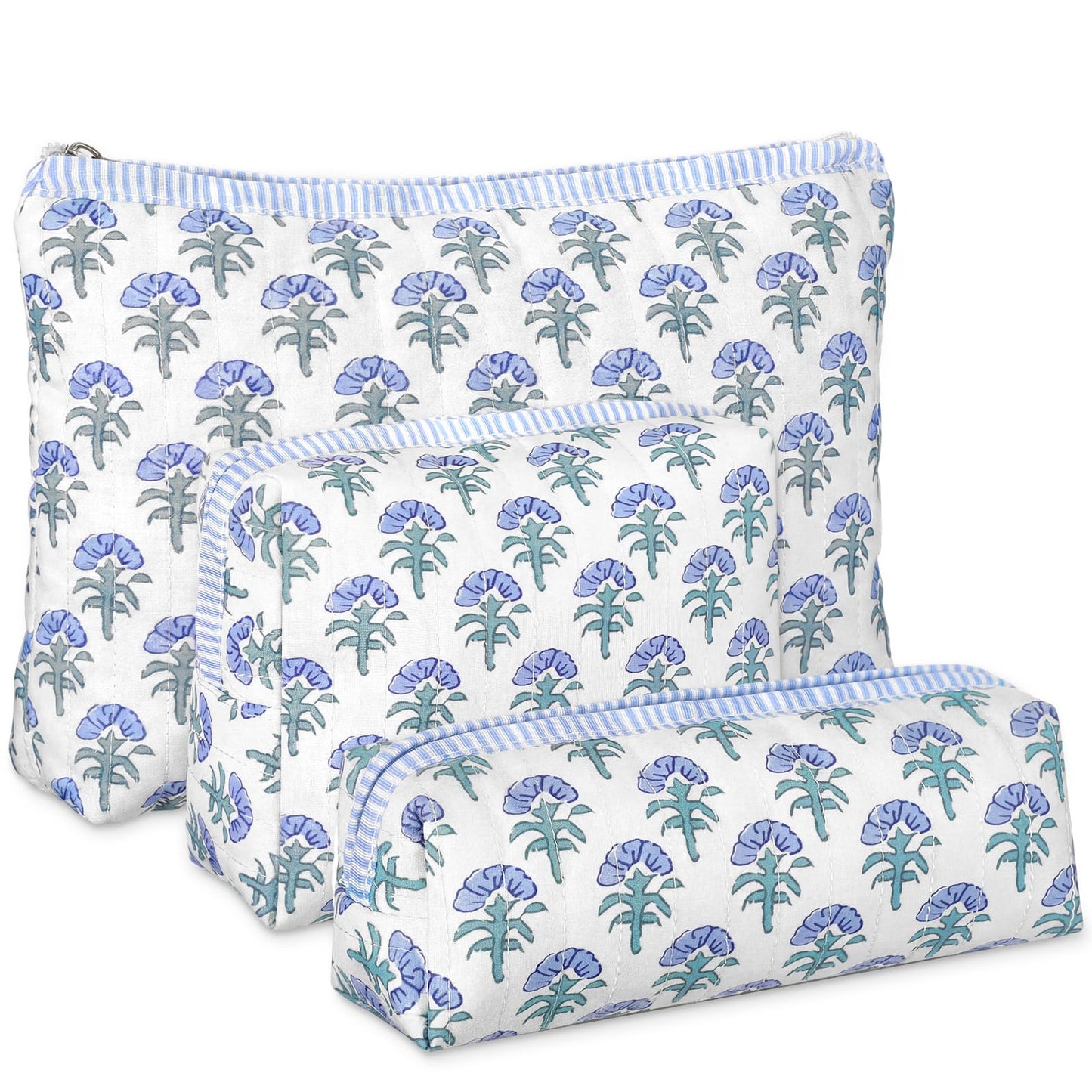 Meanplan 3 Pcs Blue Block Print Quilted Makeup Bag for Women Last Toast on The Coast Quilted Cosmetic Bag Bachelorette Favors Cornflower Coquette Floral Toiletry Pouch Travel Organizer