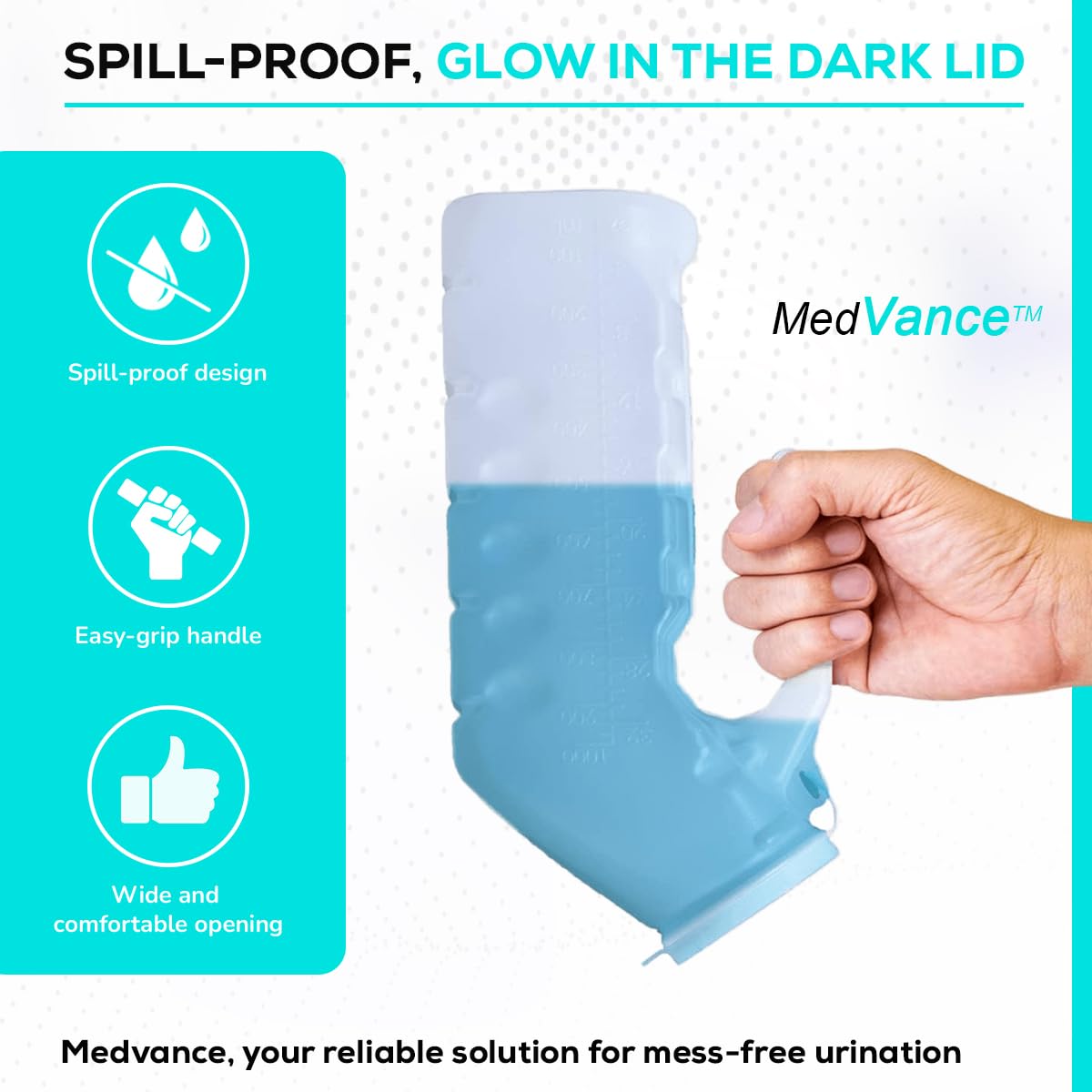 MedVance Urinals for Men 1000ml, Spill Proof Glow in the Dark Lid, 8 Pack