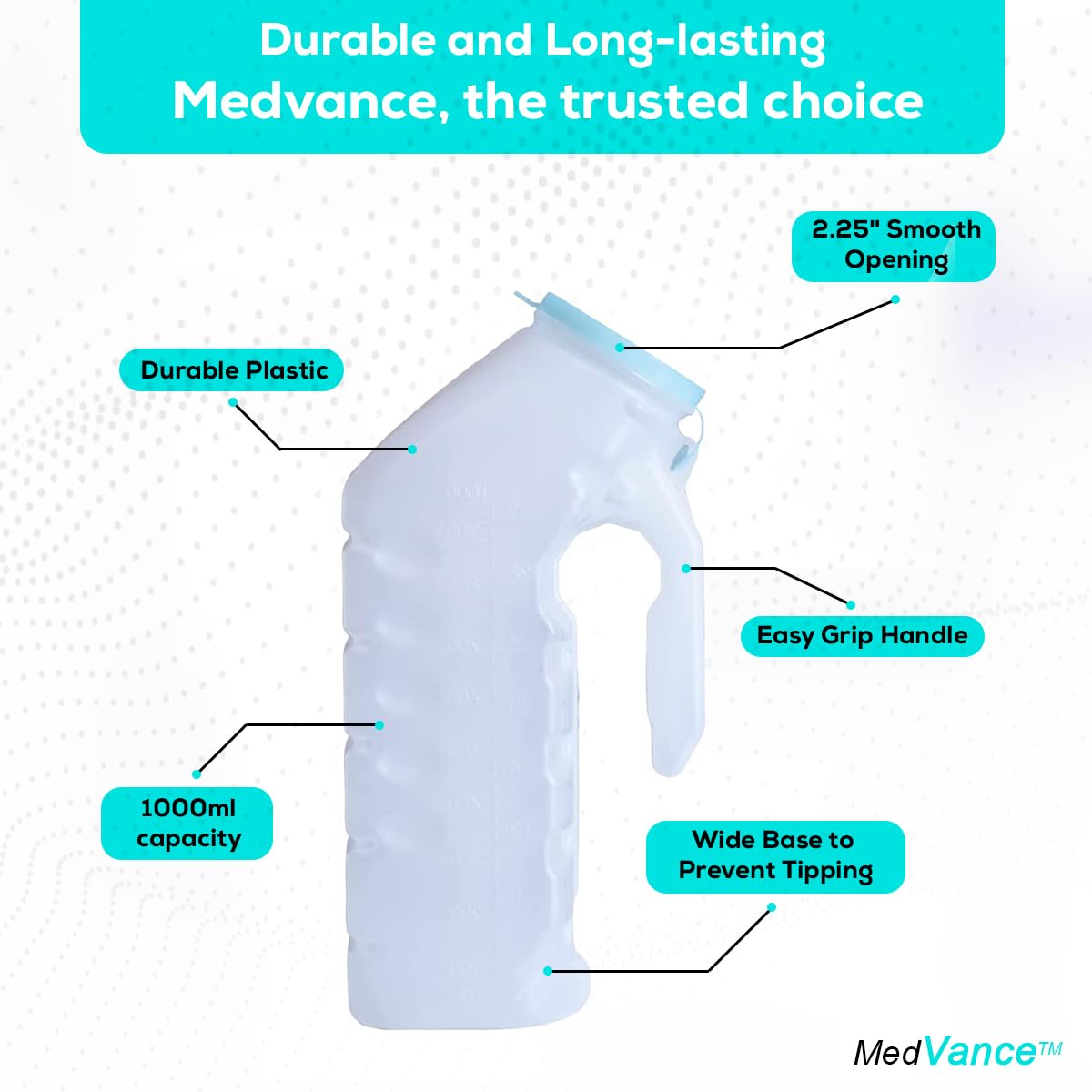 MedVance Urinals for Men 1000ml, Spill Proof Glow in the Dark Lid, 8 Pack