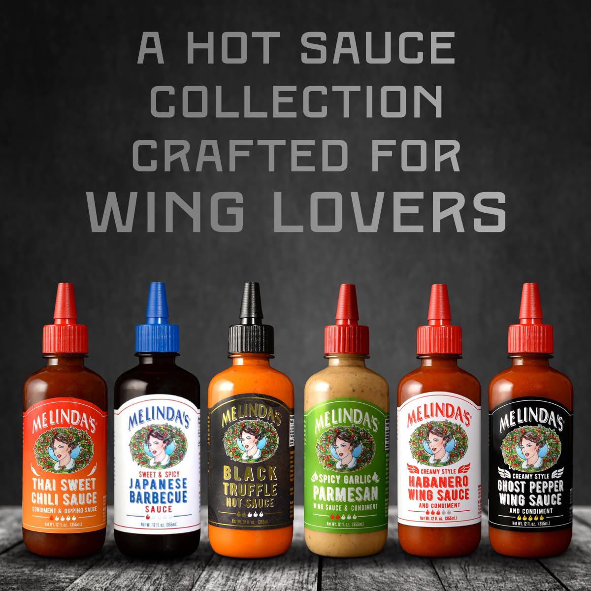 Melinda’s Craft Wing Collection – 6-Pack Wing Sauce Gift Set (12 oz) – Black Truffle, Ghost Pepper & More
