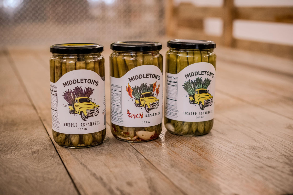 Middleton's Pickled Asparagus Variety Pack — Farm Direct Purple, Green & Spicy (3 x 26.5 oz jars)