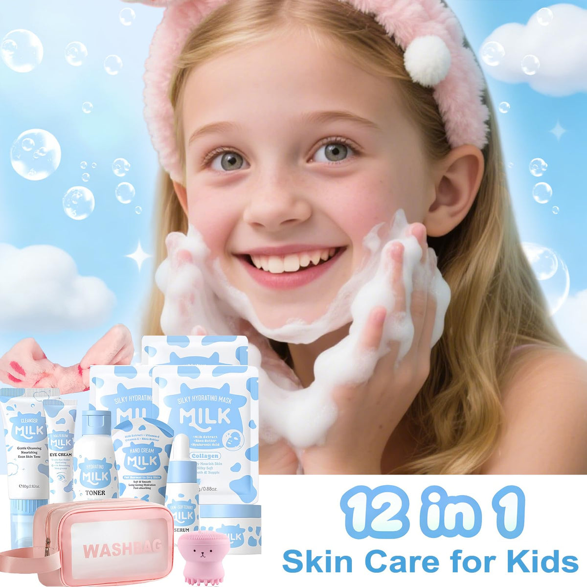 Milk Skin Care Set for Kids, 12 IN 1 Moisturizing & Gentle Milk Skincare for Girls 10-12, Skin Care Set For Kids Girl Ages 8-12 Birthday Gifts, Face Care Kit, Skin Care for Teens, Korean Skin Care