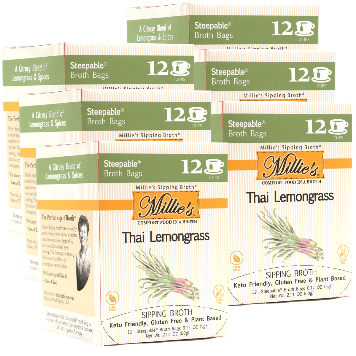 Millie's Thai Lemongrass Sipping Broth – 72 Bags, Vegan, Keto, Gluten Free | 6-Pack Gift Box