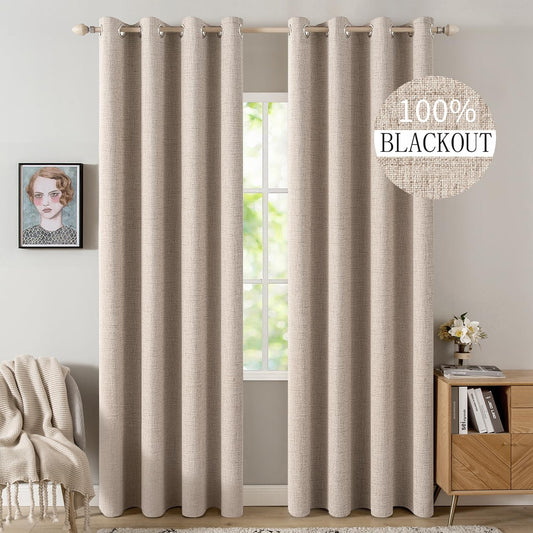 MIULEE 100% Blackout Linen Curtains for Bedroom 52x84 Inches Natural Beige
