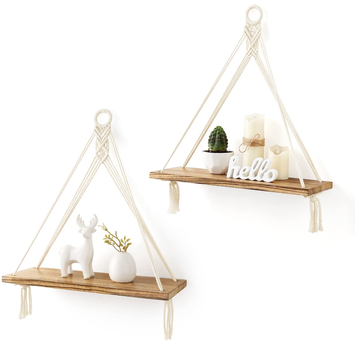 Mkono Macrame Hanging Shelves Boho Wall Decor Set of 2 Floating Wood Shelf