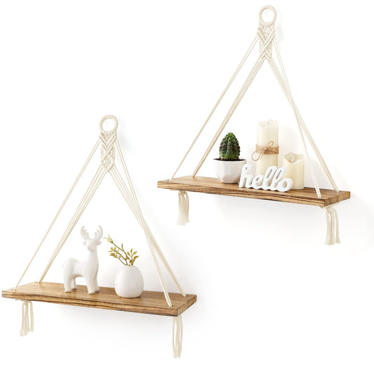 Mkono Macrame Hanging Shelves Boho Wall Decor Set of 2 Floating Wood Shelf
