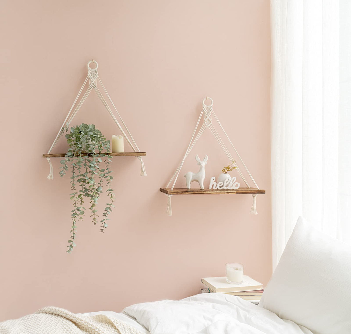 Mkono Macrame Hanging Shelves Boho Wall Decor Set of 2 Floating Wood Shelf
