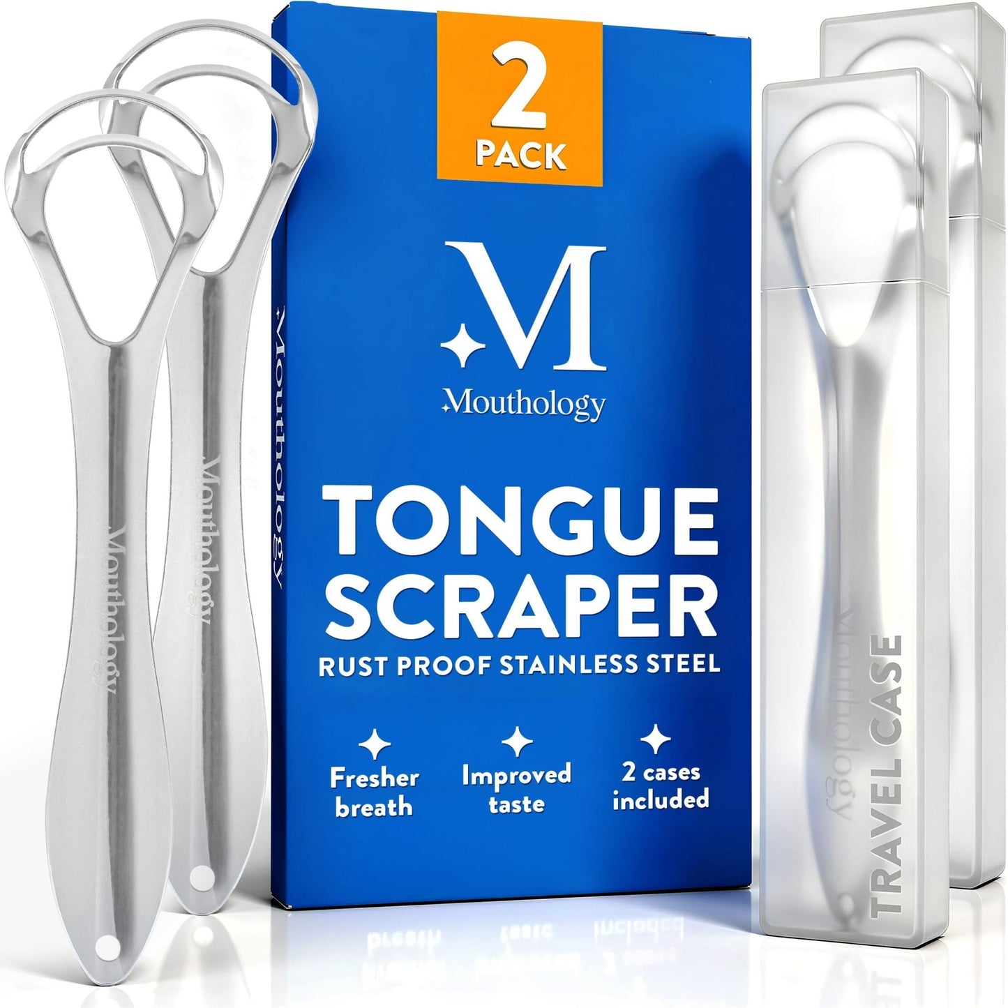 Mouthology Tongue Scraper for Adults (2 Pack), Reduce Bad Breath, Metal Tongue Scraper, Tongue Cleaner, Tongue Scraper, Stainless Steel Tongue Scraper, Tongue Cleaner for Adults, Tongue Scrubber