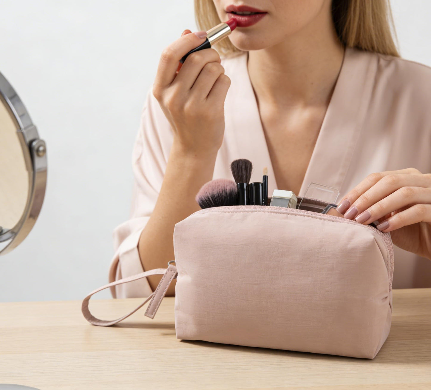 MUHUASHI Mini Cosmetic Bag, Daily Waterproof Makeup Purse and Toiletry Organizer Case, Foldable Lightweight Clutch Pouch Bag (7-Dark Pink)