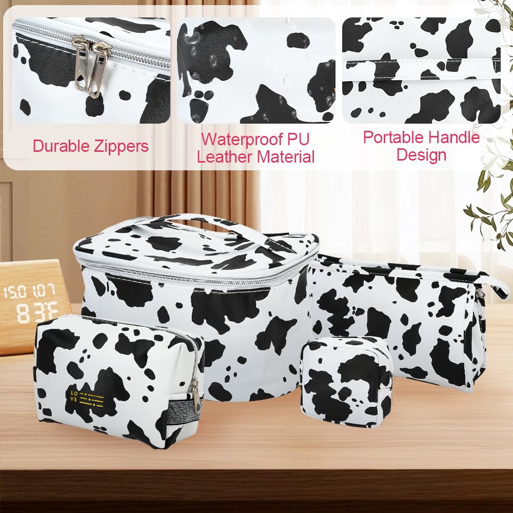 Mulaibdin 4 Pack Makeup Bag, Cows Travel Toiletry Bags for Women, Cute Cosmetic Organizer Pouch with Small Make Up Bag Leather Waterproof Handbag (Style1)