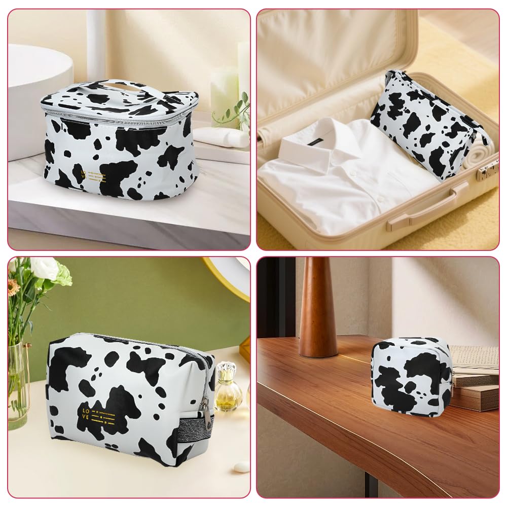 Mulaibdin 4 Pack Makeup Bag, Cows Travel Toiletry Bags for Women, Cute Cosmetic Organizer Pouch with Small Make Up Bag Leather Waterproof Handbag (Style1)