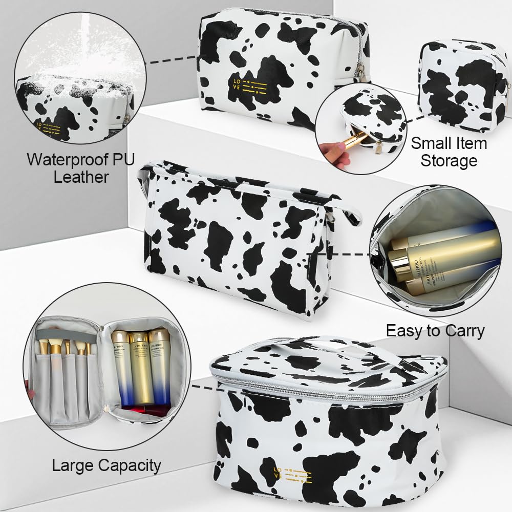 Mulaibdin 4 Pack Makeup Bag, Cows Travel Toiletry Bags for Women, Cute Cosmetic Organizer Pouch with Small Make Up Bag Leather Waterproof Handbag (Style1)