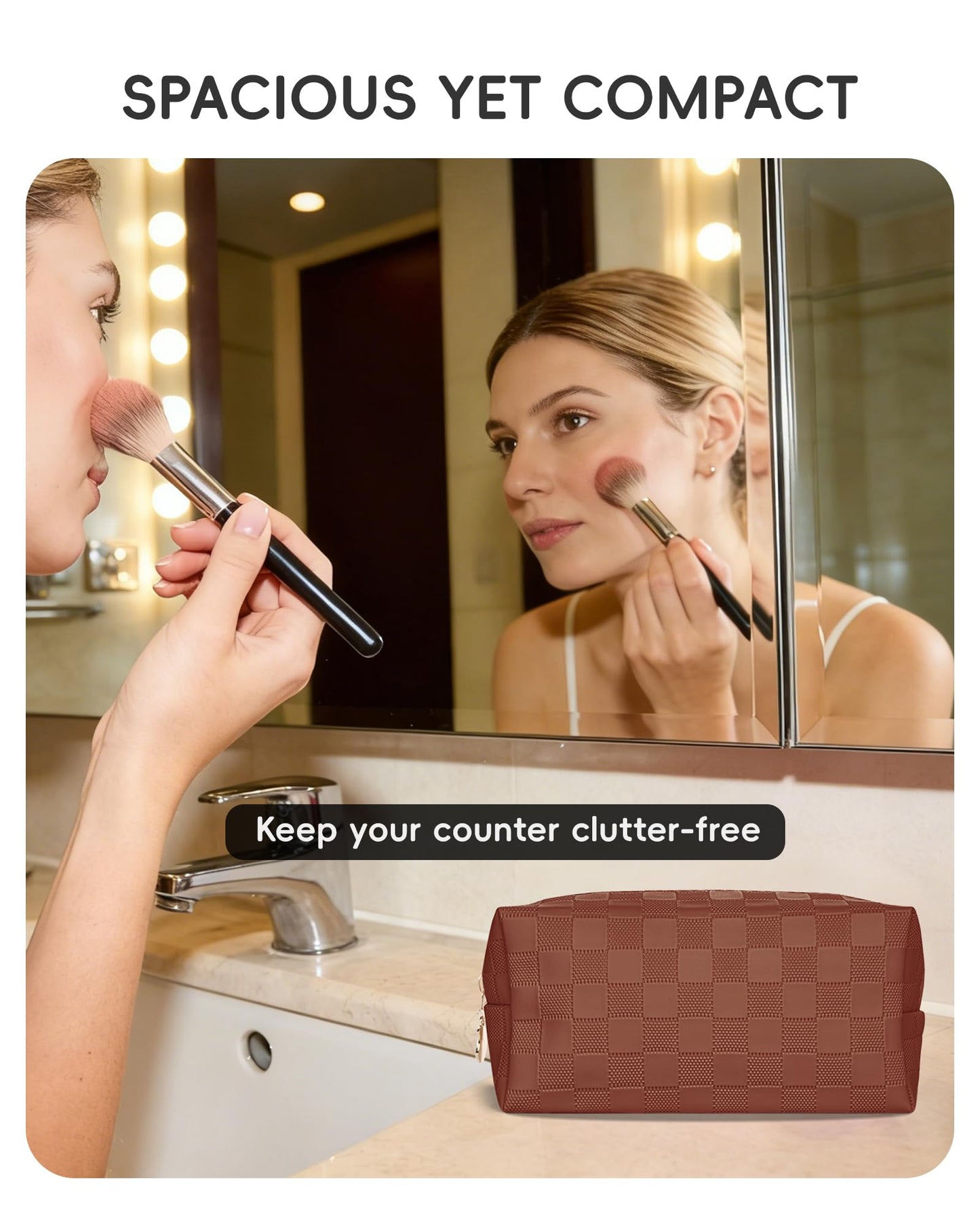 MXXUUOOM Checkered Makeup Bag, PU Leather Cosmetic Pouch